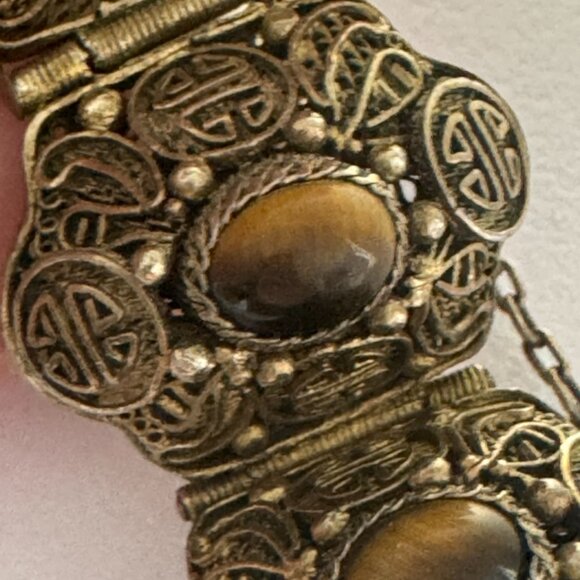 Vtg Chinese Export Bracelet Tiger's Eye Cabochon Silver Gilded Vermeil Filigree - Picture 13 of 16